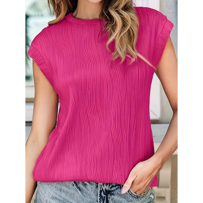 Round Neck Short Sleeved Textured T-shirt Top for Women