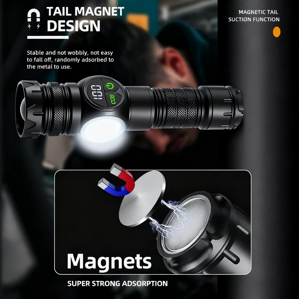 Multi Functional Rechargeable Flashlight,strong Light,telescopic Zoom,magnetic,with Side Light,suitable for Home,camping and Emergency Scenarios