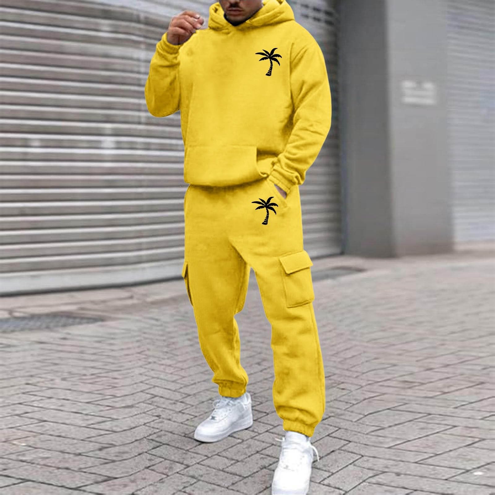 

Men s Plus Size Hooded Sweatshirt and Sweatpants Set with Palm Tree Print Fleece Lined Loose Fit for Outdoor Sports and Casual Wear XL жовтий