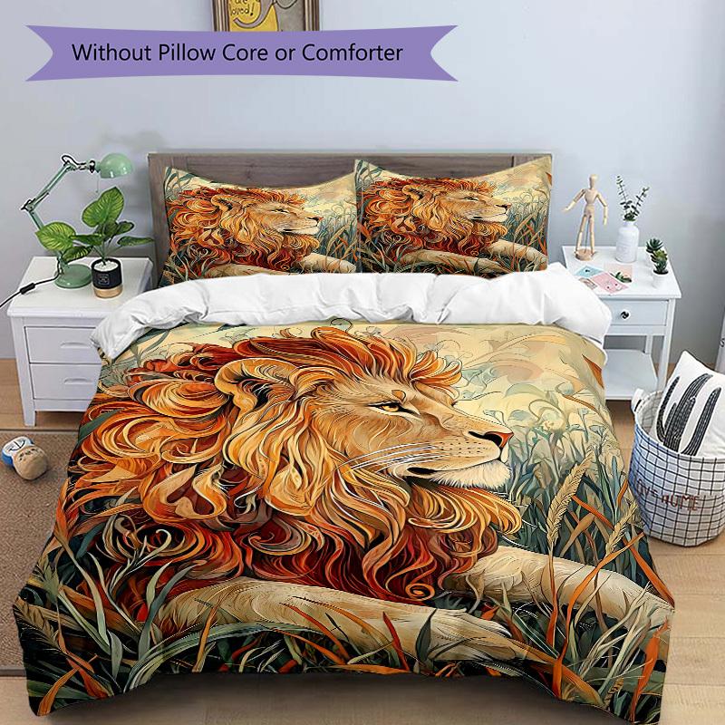 3pcs Bedding Set Lion Safari Includes 1 Comforter + 2 Pillowcases, Without Pillow Inserts, Soft Comfortable,a0909107