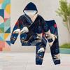 Girls Red Blue Star Printed Hooded Two Piece Set Long Sleeve Kangaroo Pocket Top Cuffed Pants