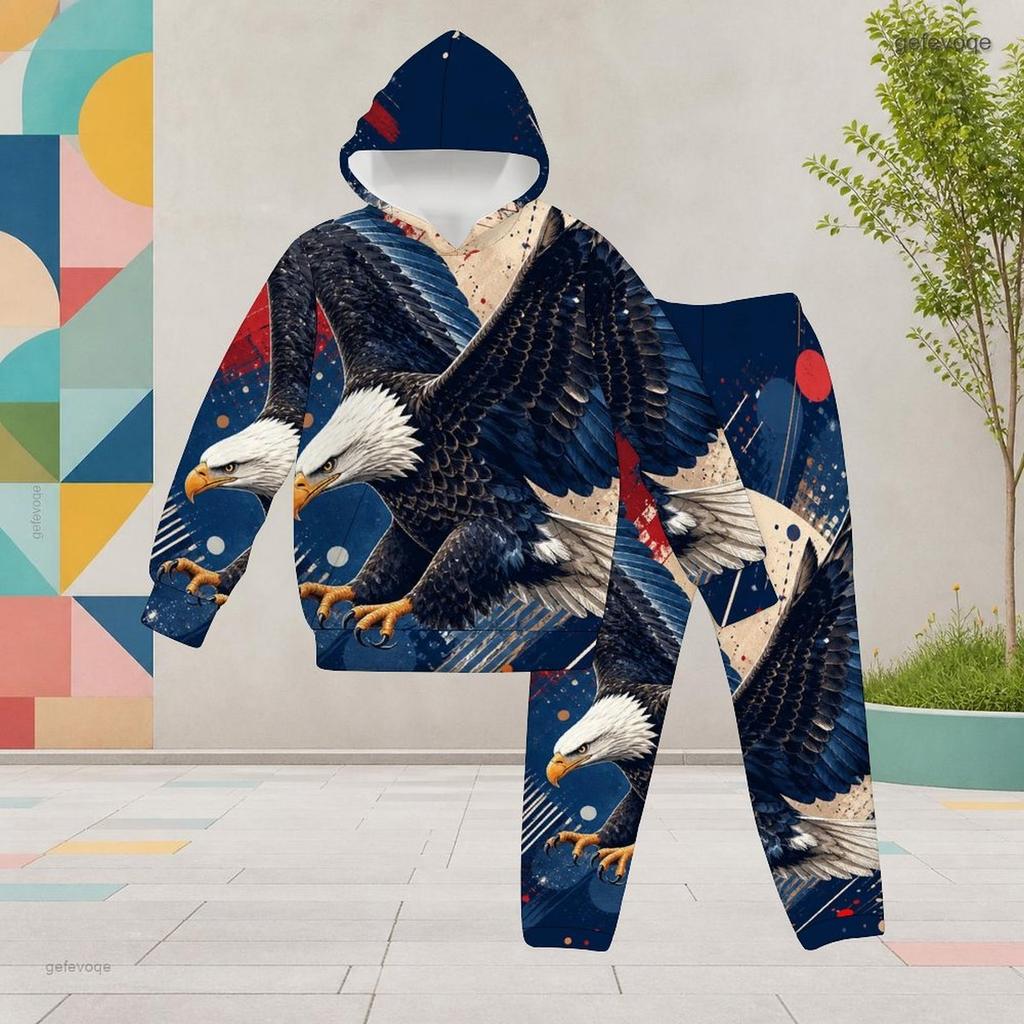 Girls Red Blue Star Printed Hooded Two Piece Set Long Sleeve Kangaroo Pocket Top Cuffed Pants