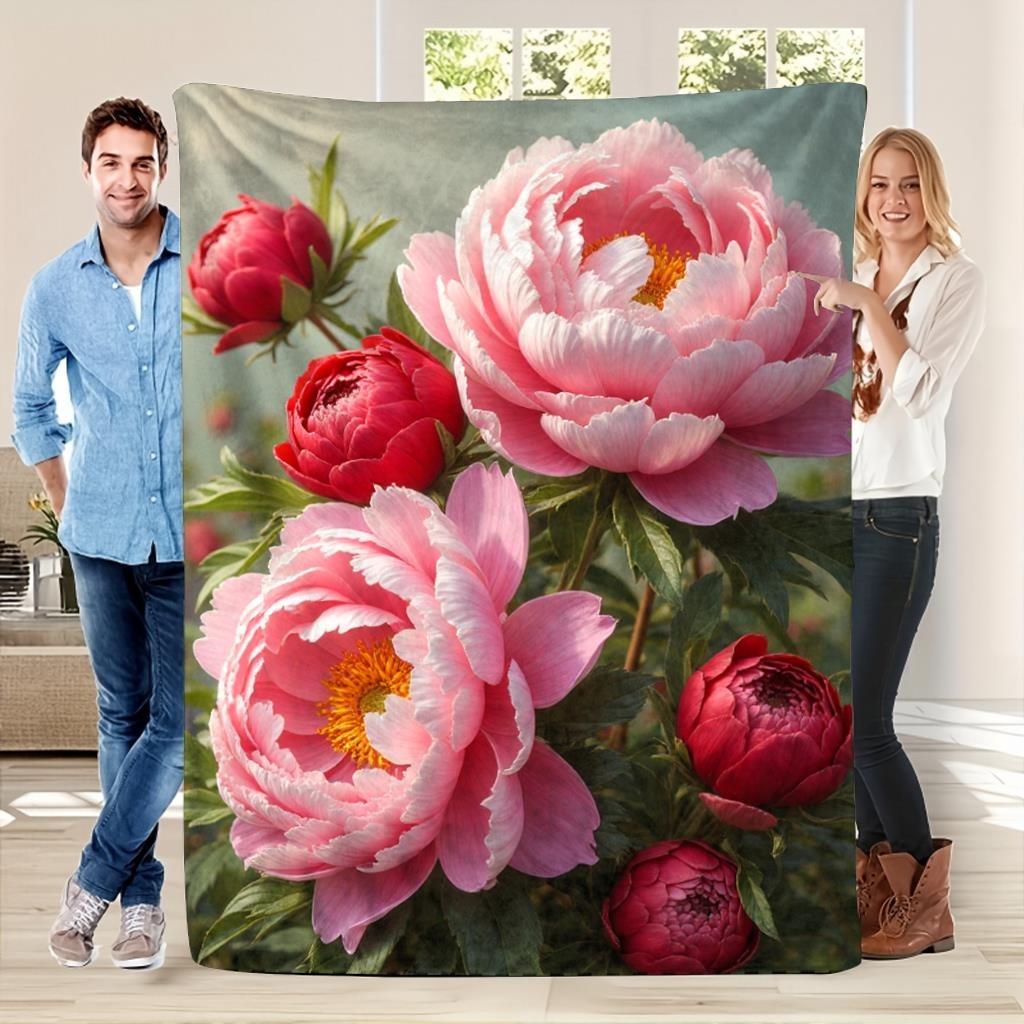 Morbida Coperta con Peonie Rosa e Rosse: Vibrante Motivo Floreale Romantico Elegante Accogliente Arredamento per la Casa