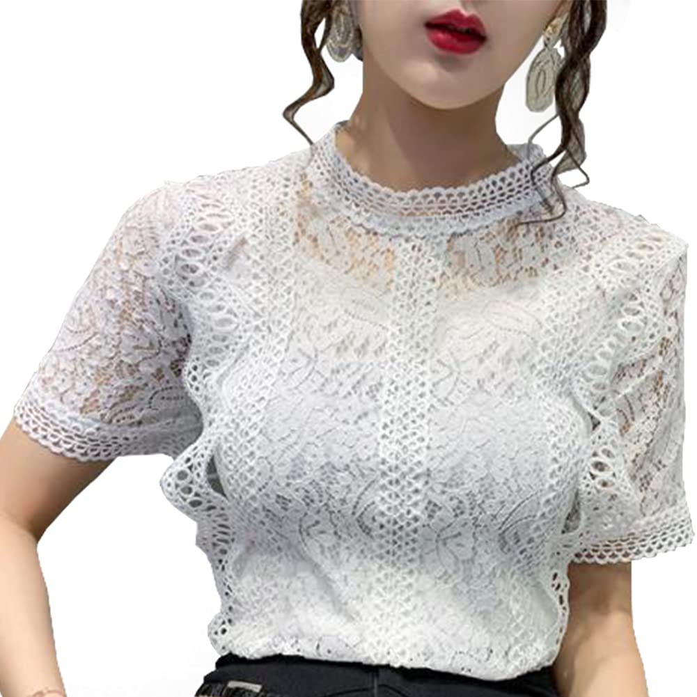 Lace short sleeve high elegant [Jotml] blouse, neck, women's top, spring, summer, feminine, (white, XL)