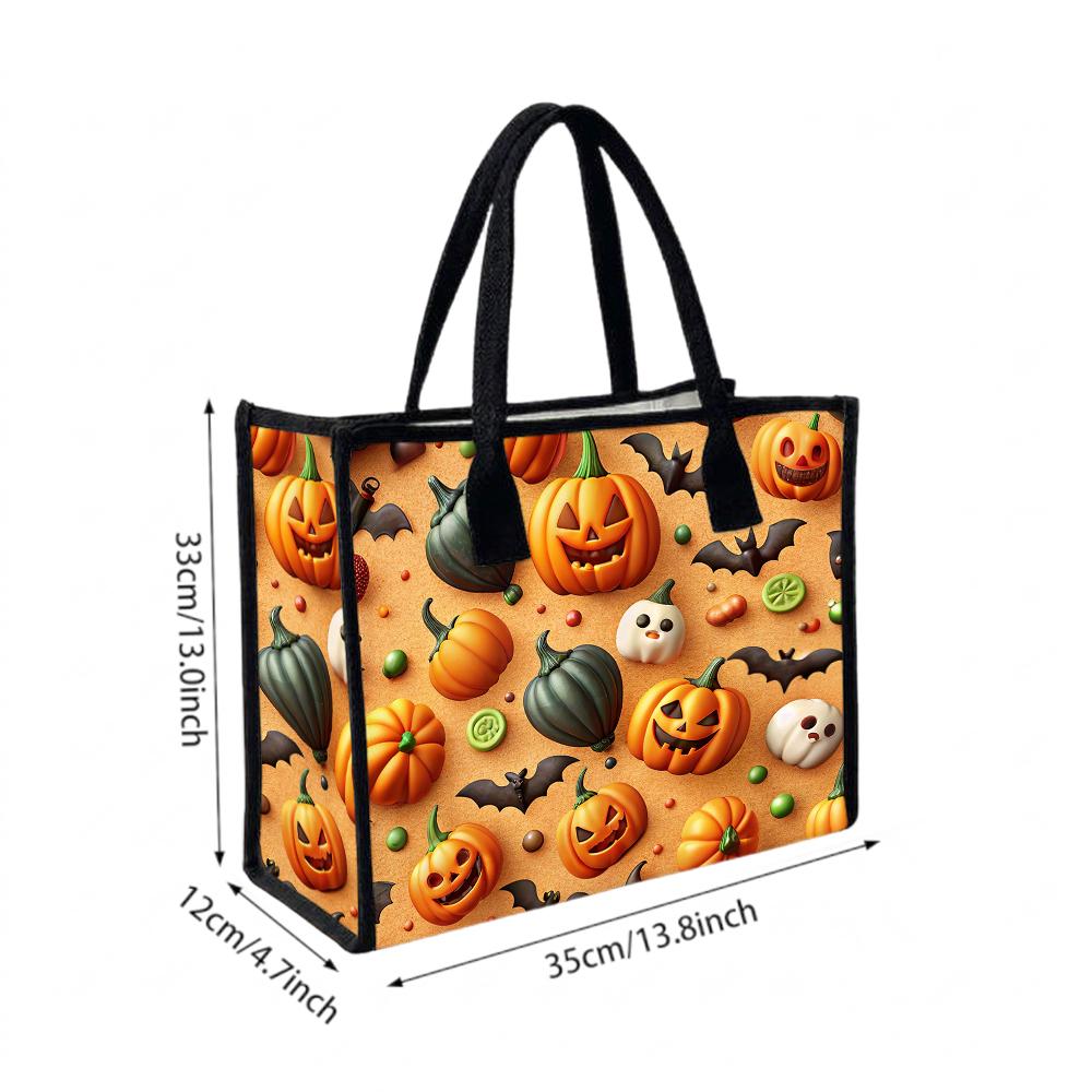 Halloween Pumpkin Pattern Tote Bag Cute Bat Ghost Print Daily Use Shopping Handbag Fashion Casual Portable Shoulder Bag