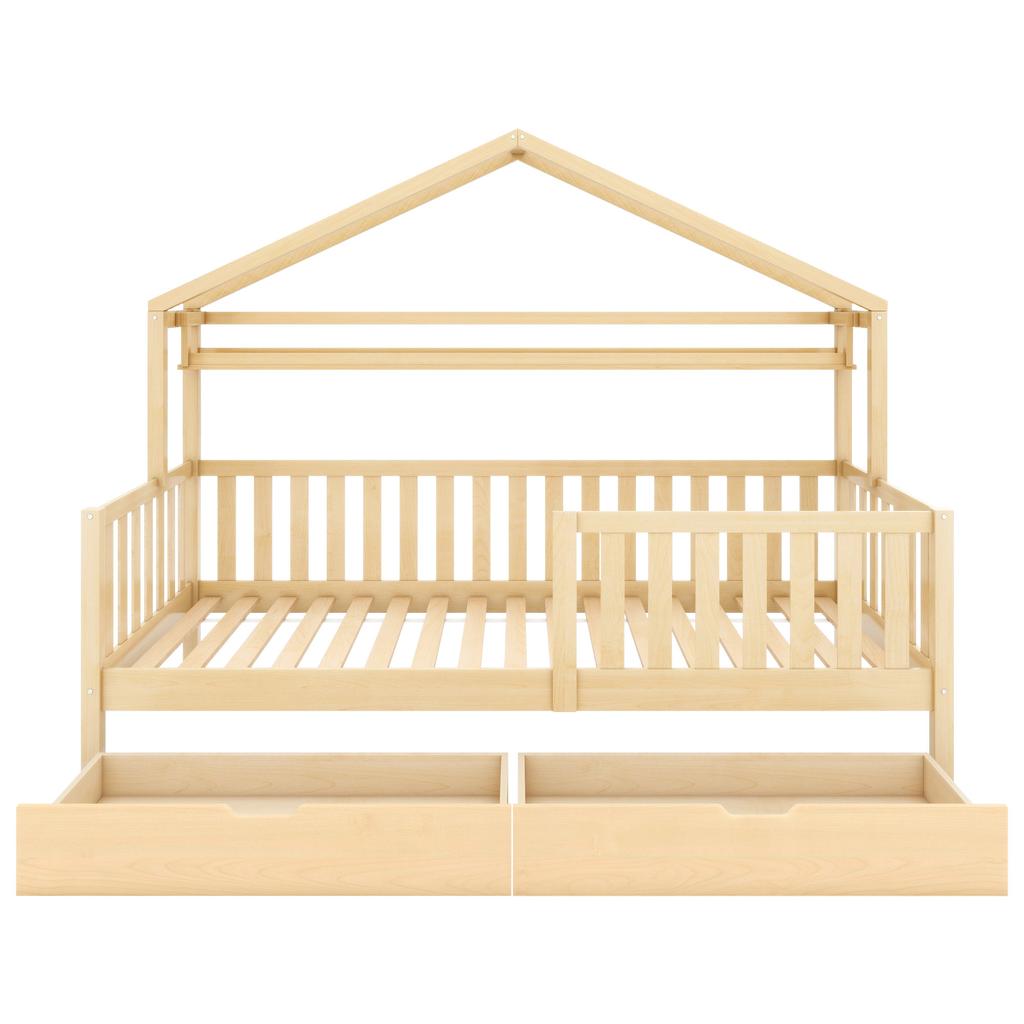 Children's bed in wood color, house bed with drawers, solid wood with slatted frame, pine, youth room, 90x200, natural [OLD SKU:3226890AAW]
