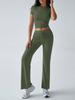 Women's Slim Fit Two Piece Outfit Set Short Sleeve Crew Neck Crop Top Drawstring Waist Straight Leg Solid Tracksuit Loungewear