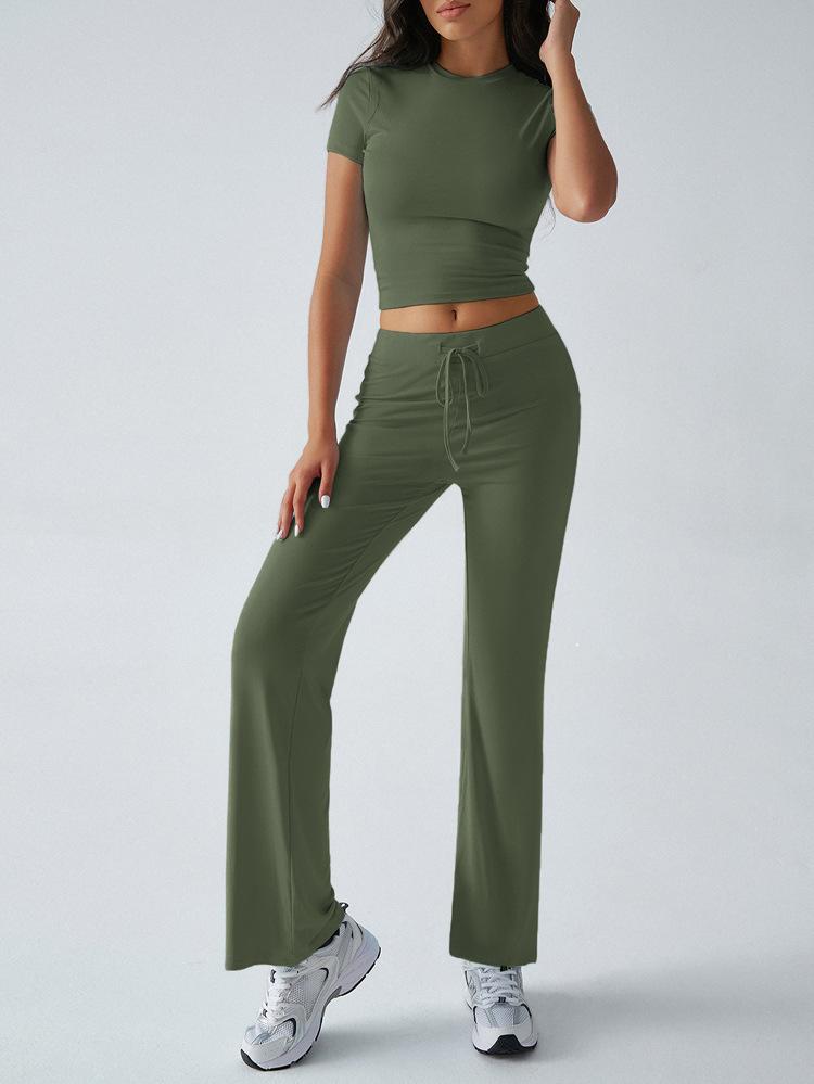 Women's Slim Fit Two Piece Outfit Set Short Sleeve Crew Neck Crop Top Drawstring Waist Straight Leg Solid Tracksuit Loungewear