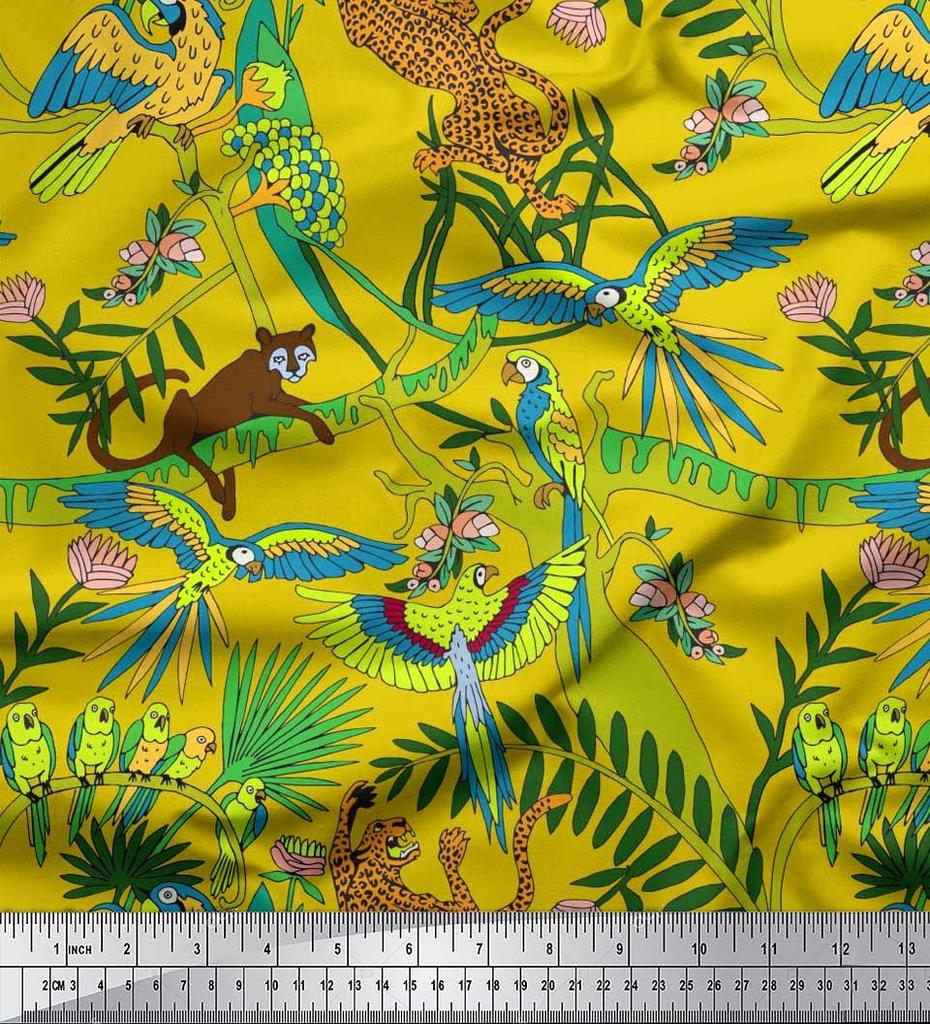 Soimoi Japan Crepe Satin Fabric Branches,Parrot & Leopard Jungle Print Fabric by the metre 42 Inch