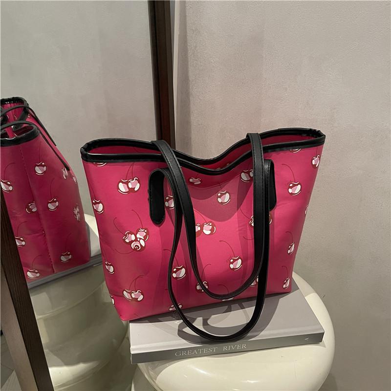 Cherry Print Large Capacity Tote Bag Faux Leather Shoulder Handbag Trendy Street Style Commuter Purse for Women
