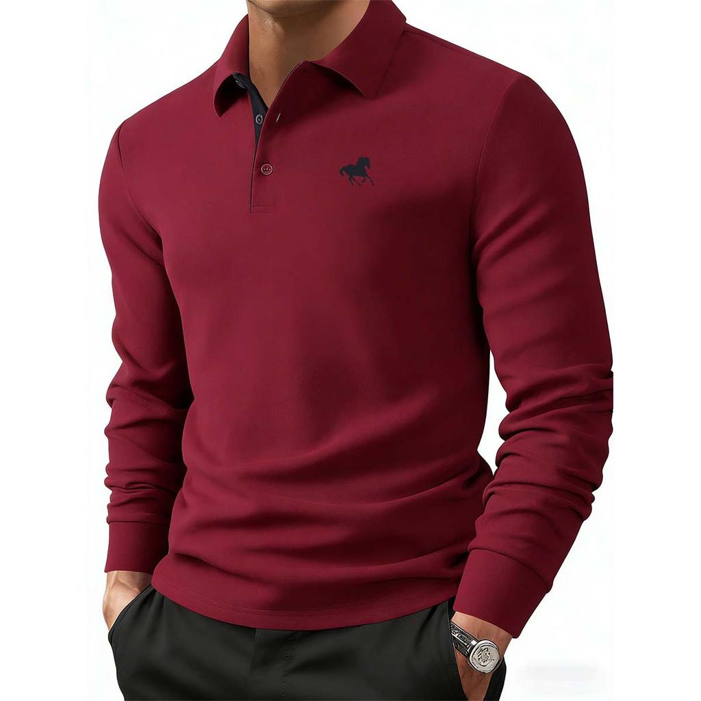 Business casual men's polo shirt with black base Men's Contrast Placket Running Horse Print Long Sleeve Polo Shirt