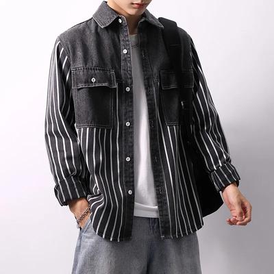 Spring Autumn Men Fashion Denim Shirts Men Long Sleeve Casual Cotton Shirt Men Striped Streetwear Tops Turn Down Collar Blouse