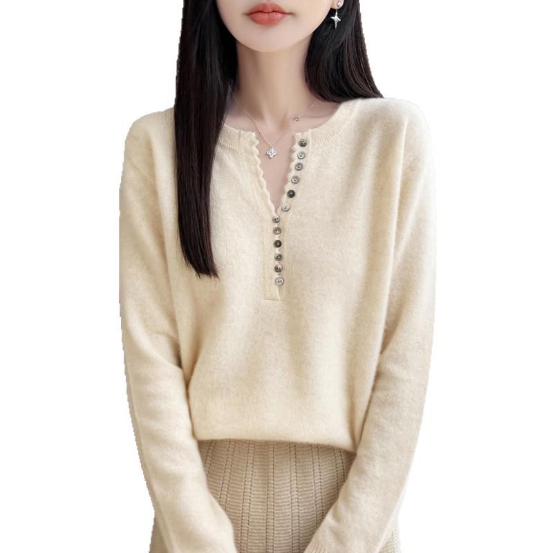 2026 Autumn Winter Women's V-Neck Long Sleeve Knit Wool Sweater, Loose Fit, Plus Size