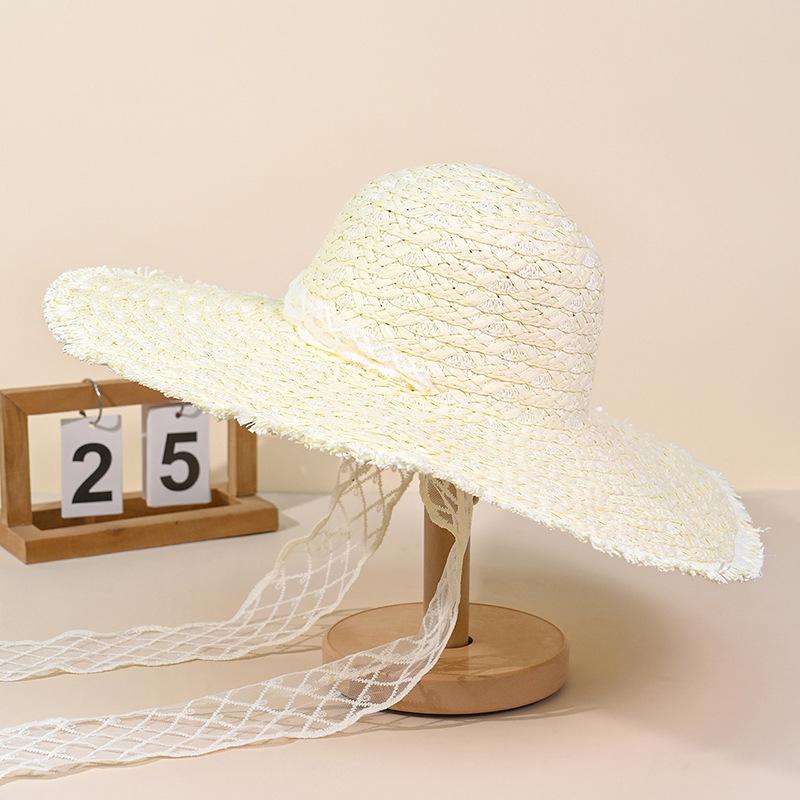 New Pastoral Hat Women's Lace Streamer Sunshade Straw Hat Rough Edge Large Brim Outdoor Sunscreen Sun Hat
