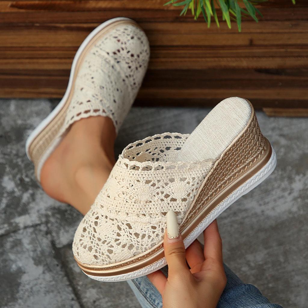 Women Roman Slippers Lace Head Covering Shoes Wedge Heel Woven Ethnic Fairy Slippers Comfortable Breathable Sandals Slides Women