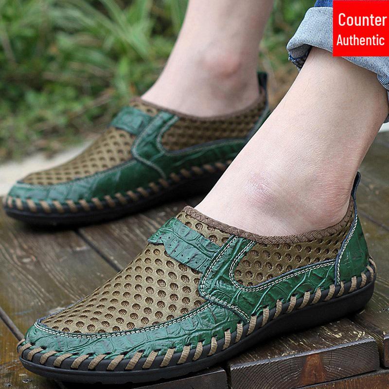 Men's Breathable Crocodile Pattern Mesh Shoes, Genuine Leather, Large Size, Summer Collection.