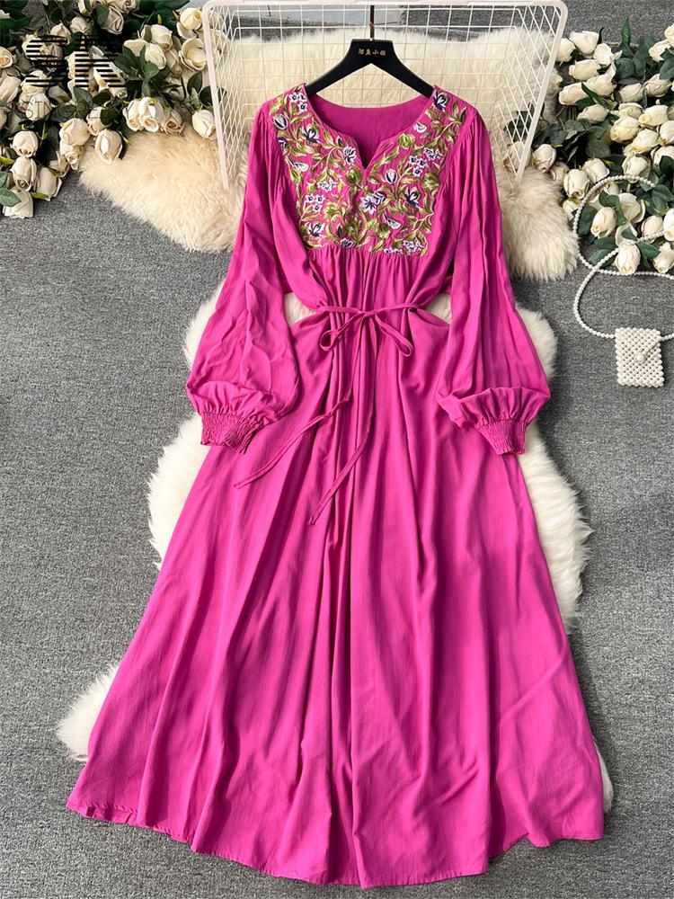 

Свободное длинное платье с цветочной вышивкой, женское элегантное женское платье с v-образным вырезом и длинным рукавом, повседневное облегающее платье на осень и отпуск One Size ярко-розовый