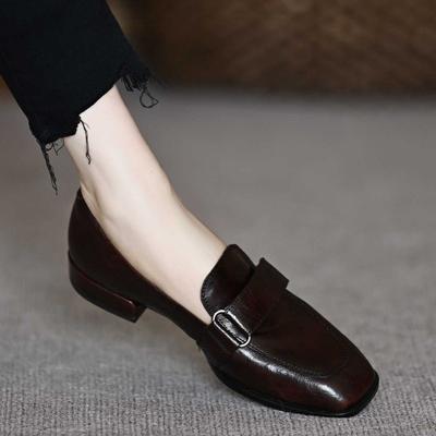 Leder Pendler Dicke Ferse Einzelne Schuhe Damen Neu Frühling und Herbst Niedriger Absatz Lässig Klettverschluss Tiefer Ausschnitt Britische Kleine Lederschuhe