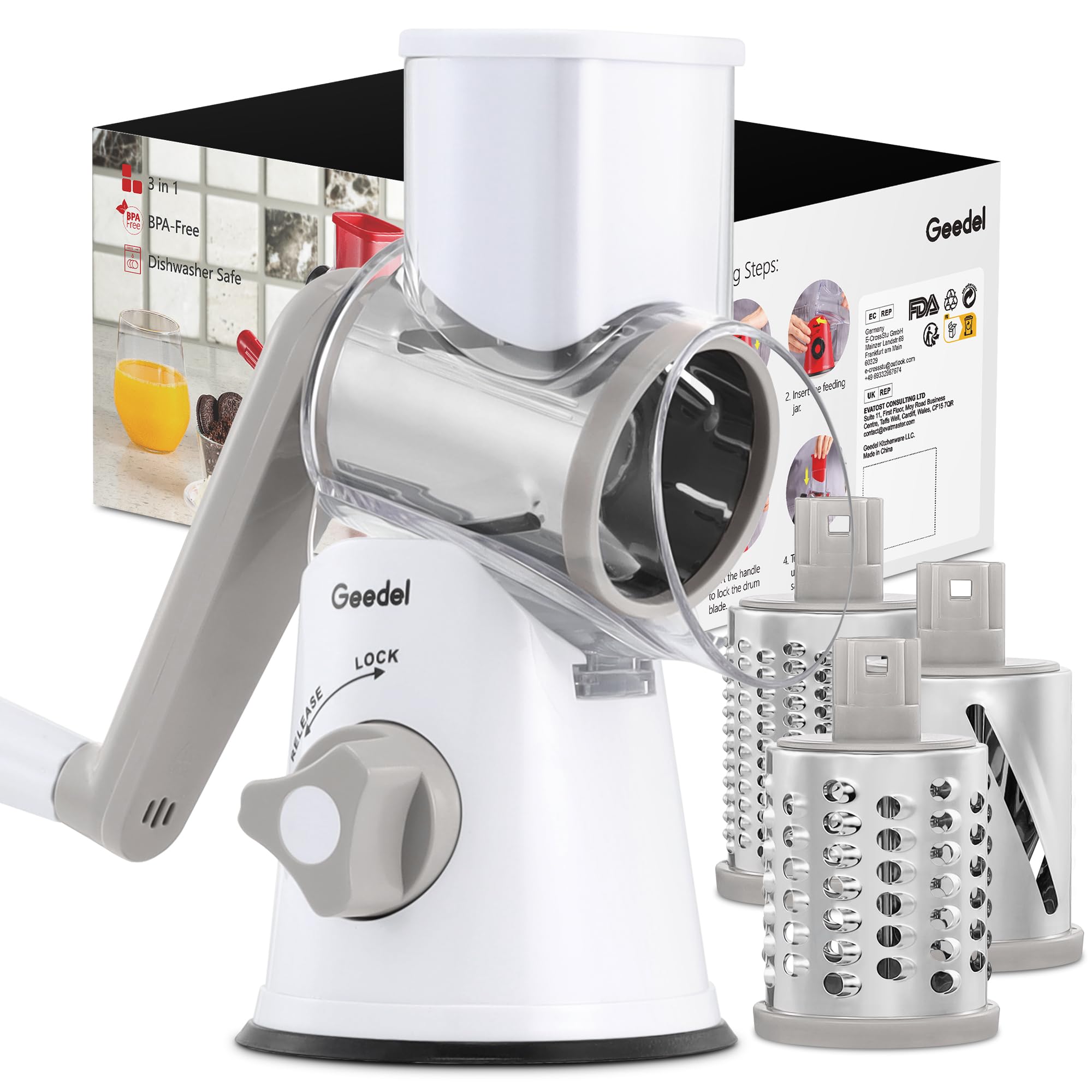 

Набор овощерезки Geedel с 3 сменными лезвиями для нарезки дайкона, редиса, сыра и моркови соломкой, терка, терка, белый