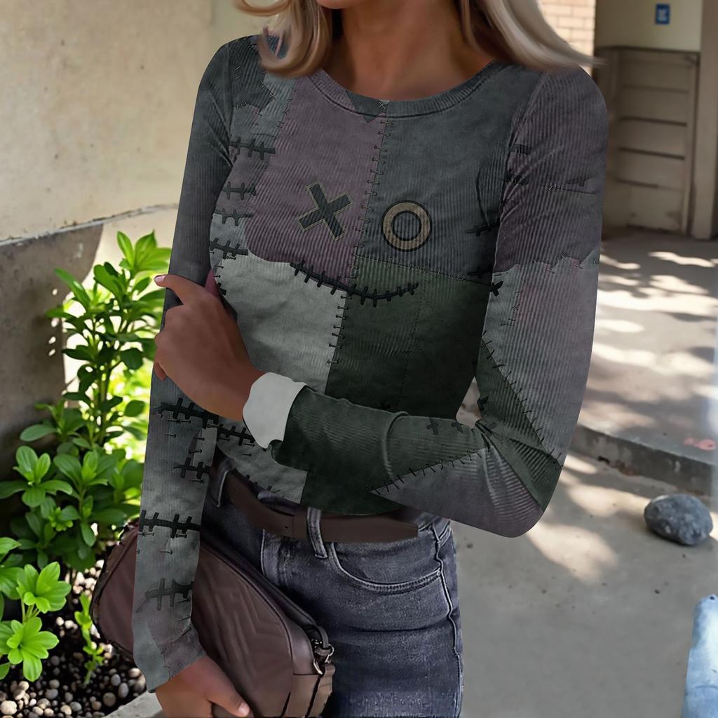 Women Halloween Print Long Sleeve Slim Fit Crew Neck Base Shirt Stretchy Ribbed Fabric Casual Top for Autumn and Winter