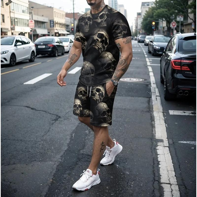 

2025 Лето Круглый вырез Череп Повседневная спортивная одежда Фитнес-костюм для бега на открытом воздухе 3D-печатный мужской короткий рукав дышащие шорты 4XL