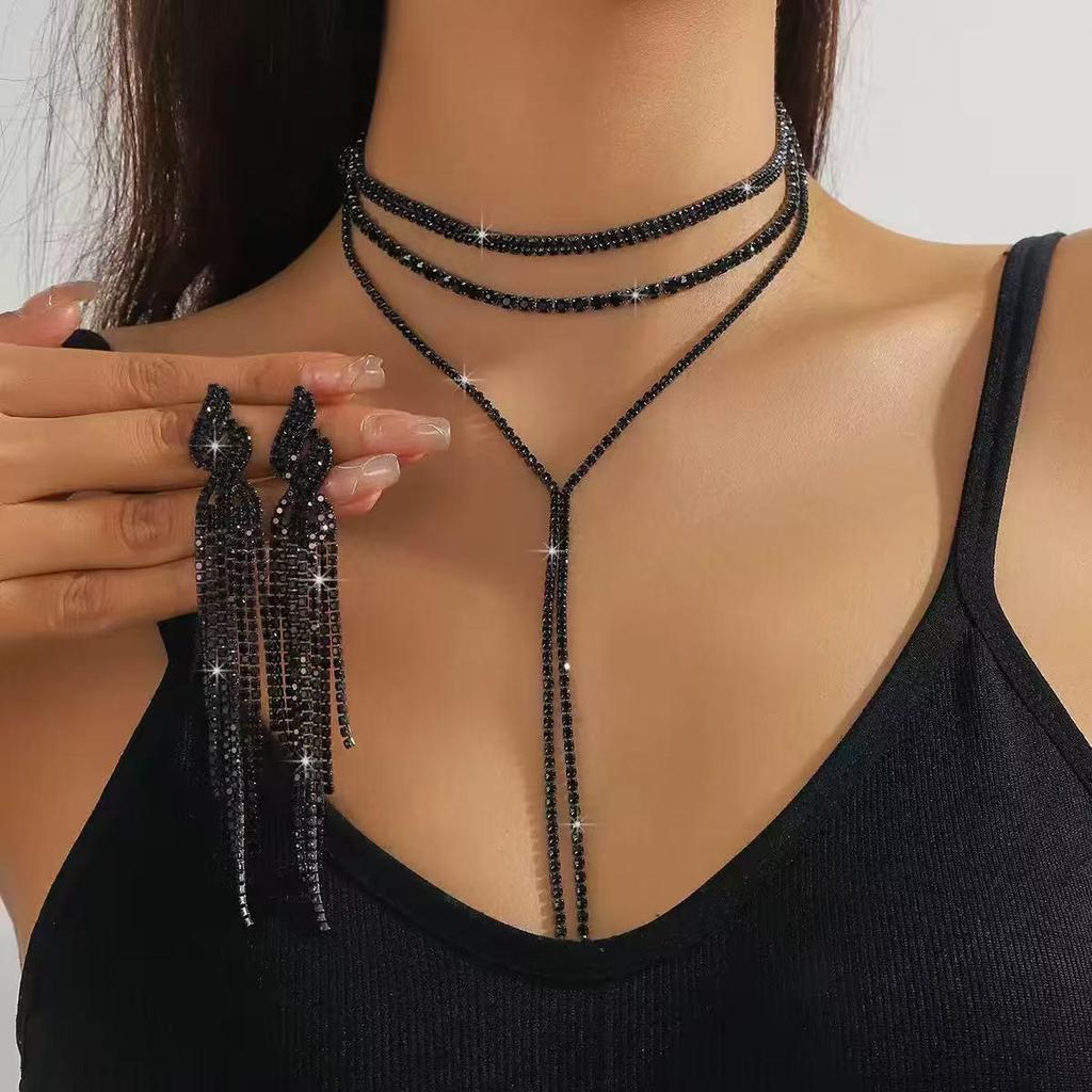 European-American Rhinestone Teardrop Necklace & Earring Set: Korean-Style Bridal Temperament Collarbone Chain Jewelry for Women
