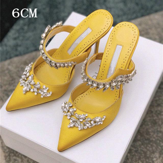 Fashion Couture! French Pointed Flat Sandal Rhinestone Goddess Fan Niche Design Sense High Heel Half Drag
