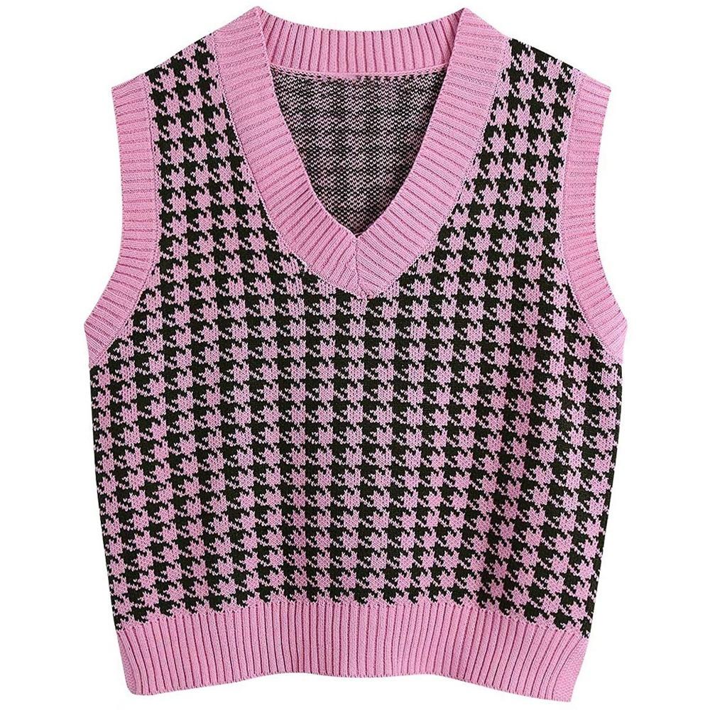 Loose Knitted Vest Sweater Women Sleeveless Thick Vintage Sweater Vest Female Waistcoat Chic Tops  Houndstooth Women Clothing