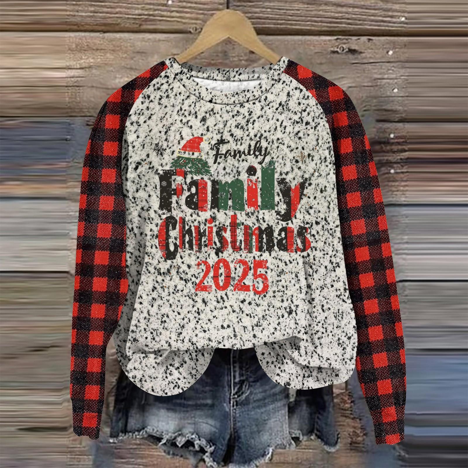 

Женская мода круглый вырез пуловер с глубокими рукавами футболка с рождественским принтом топ XL киноварь