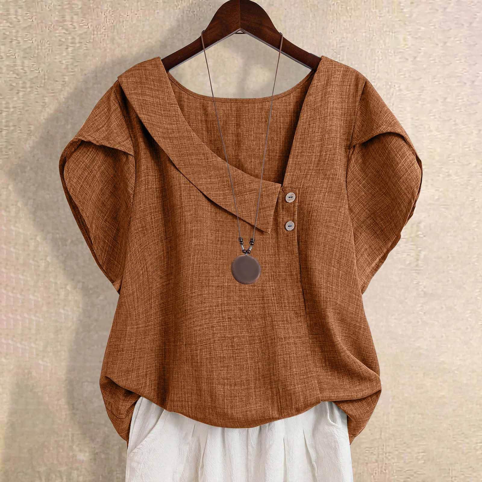 

Women s Short Sleeve Loose Casual Pullover Trendy Tunic Tops Shirt L коричневий