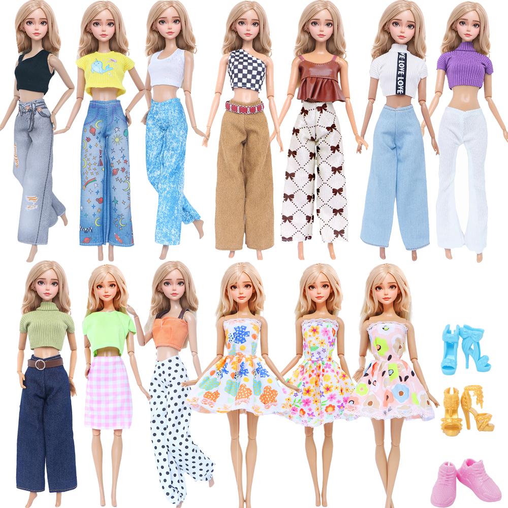 2 Pcs/Set Fashion Doll Clothes Daily Wear Tops Pants Mini Dress Gown with High Heels Shoes Sport Boots