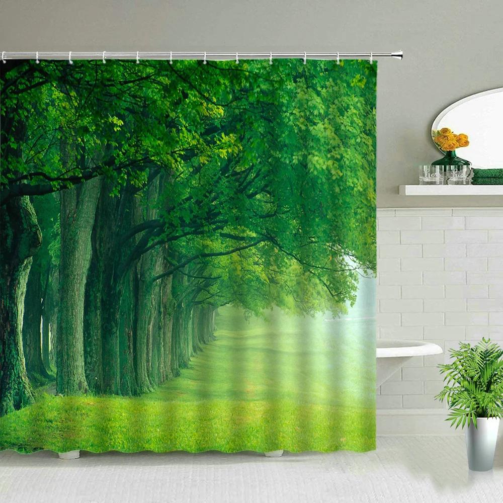 Park Garden Tree Flower Pond Nature Landscape Shower Curtain Bathroom Polyester Waterproof Fabric Curtains Home Bathtub Decor