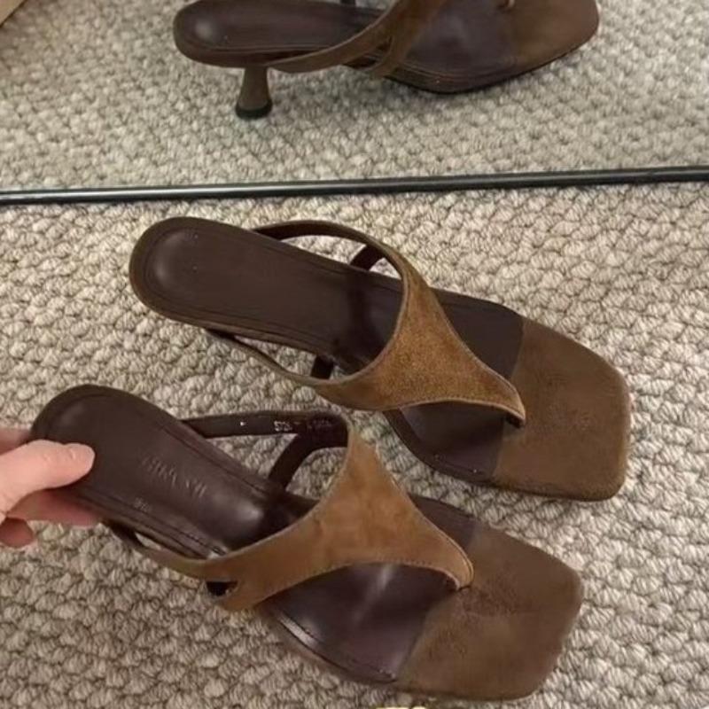 Fashion Fashion Clip-Toe Flip-Flops Summer New Square Toe Open Toe Suede Non-Slip Wear-Resistant Slide Slippers