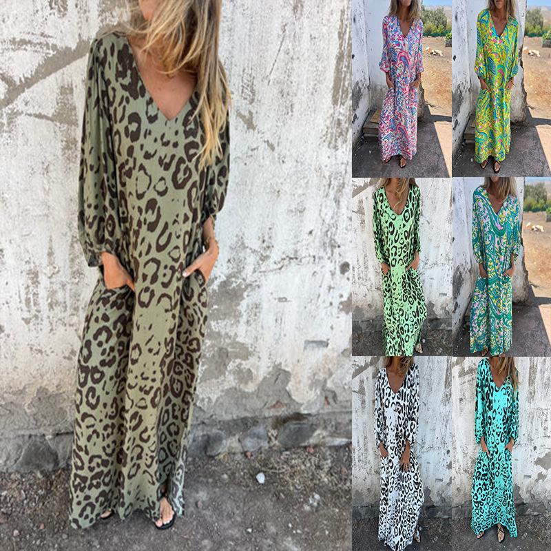 Women's Long Sleeve V-Neck Loose Fit Leopard Print Maxi Dress with Pockets, Multiple Colors & Patterns