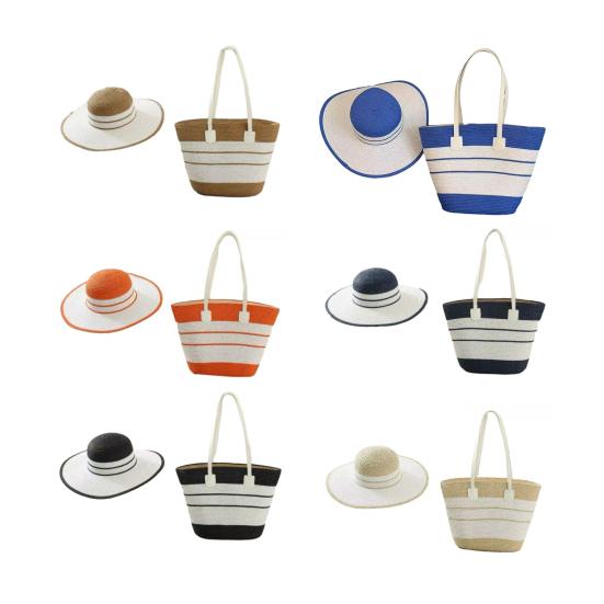2Pcs/Set Hat Tote Bag Set Striped Print Wide Brim Straw Hat Handmade