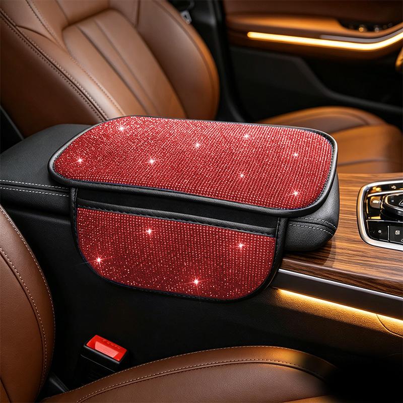 Bling Car Armrest Box Cushion With Side Phone Pocket Rhinestones Auto Center Console Protector Pad For Women Interior Accessorie