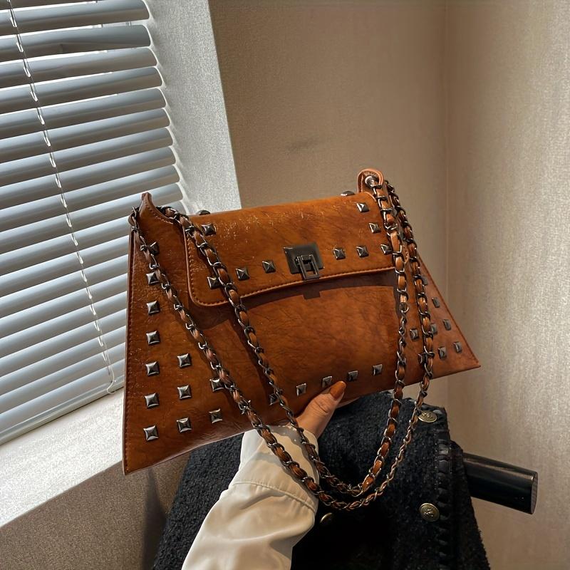 Large Capacity Messenger Bag, Vintage Chain Flap Square Purse, Women's PU Leather Shoulder Bag