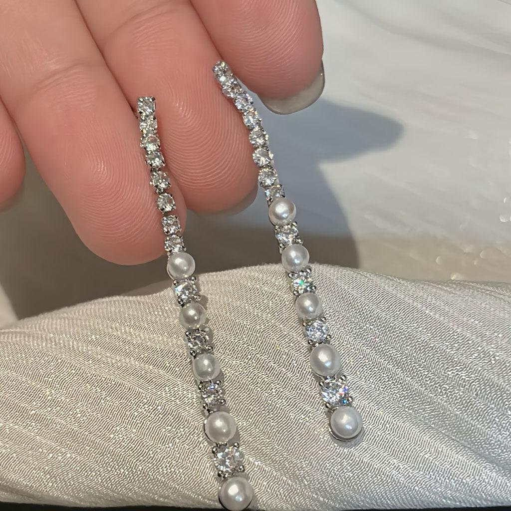 Natural freshwater pearl zircon splicing stud earrings female Xu Yan Ruth light luxury high-end long fringed earrings
