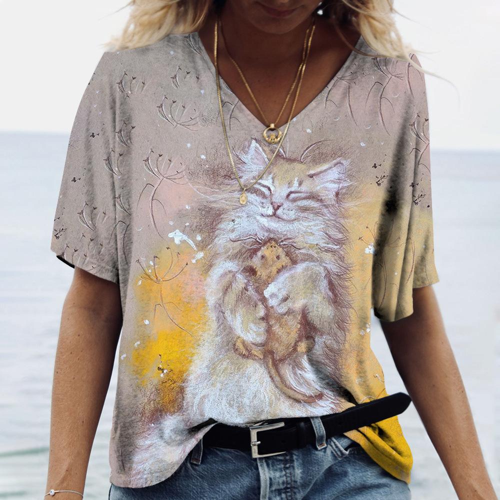 2025 Summer New 3D Cat Print Tee Loose Retro Women's V-neck Short Sleeved Street Style T-shirt Casual Top