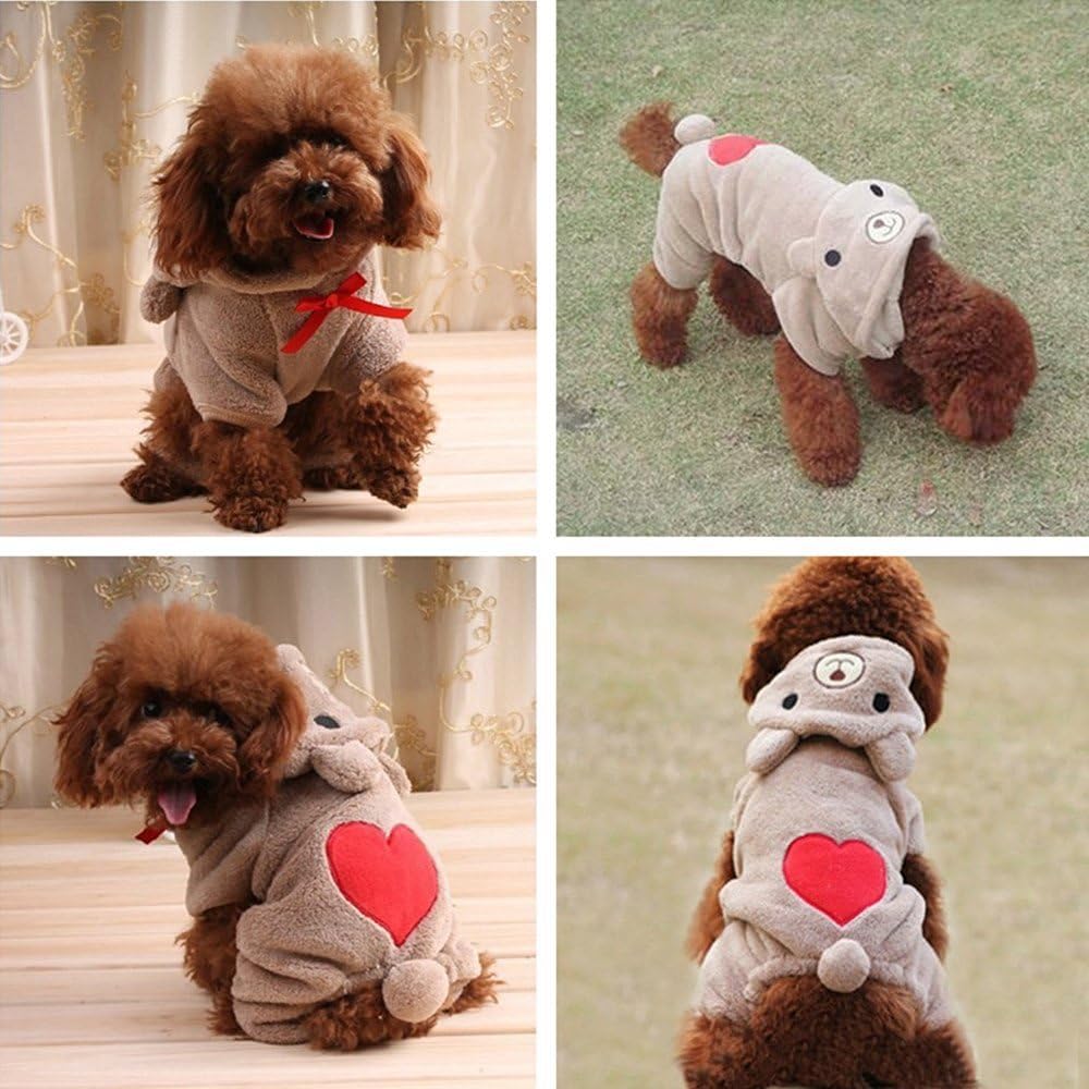 Cozy Dog Outfits Pet Apparel, Cute Heart Bear Costume Jumpsuit Hoodies Sweater Coat Clothes for Small Dogs Puppy Pets Cats, L Light Coffee