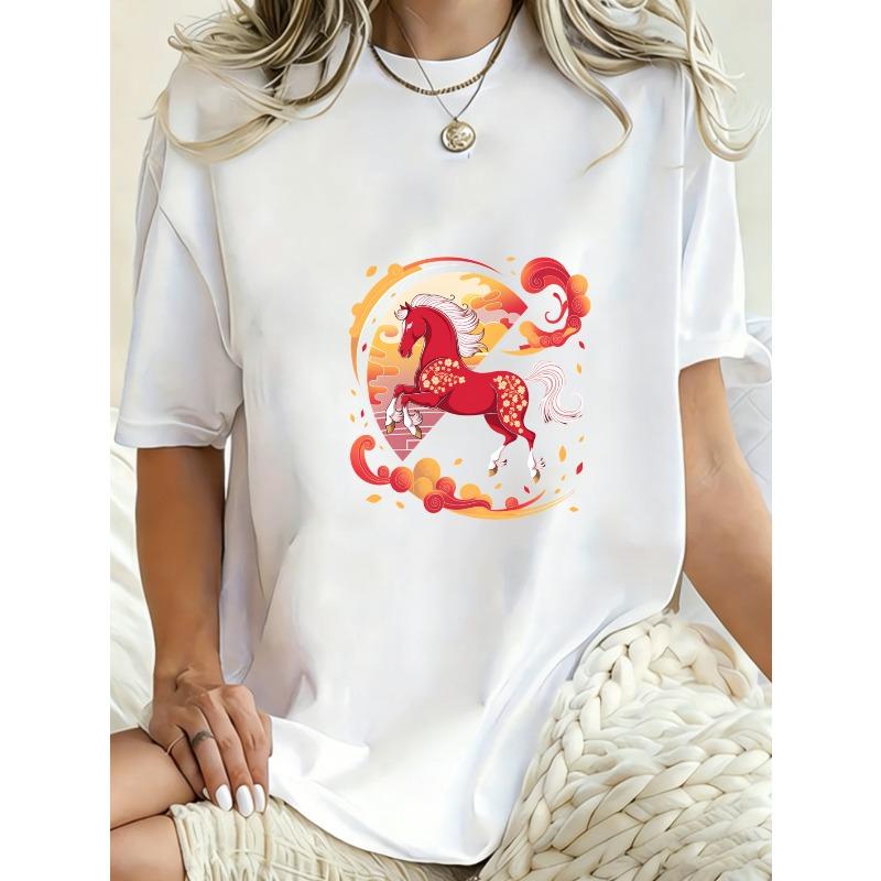 Übergroßes T-Shirt Schwarzes Pferd und Mond Druck für Freizeitkleidung