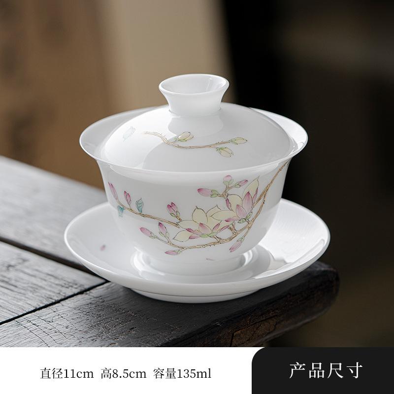 135ml Handbemalter Narzissen Gaiwan Japanischer Weißer Jade Ton Porzellan Teekanne Teekannenabdeckung Schale Trinkzubehör Geschenk