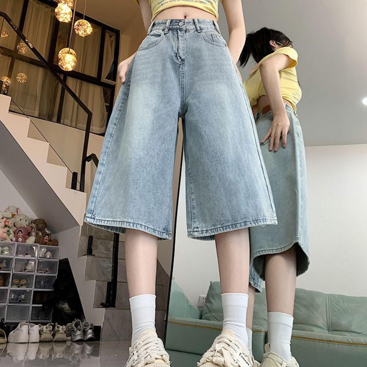 

Джинсы прямого кроя длиной семь четвертей для женщин, корейская версия, с высокой посадкой, больших размеров, свободные, повседневные, драпирующиеся, широкие брюки M светло-синий