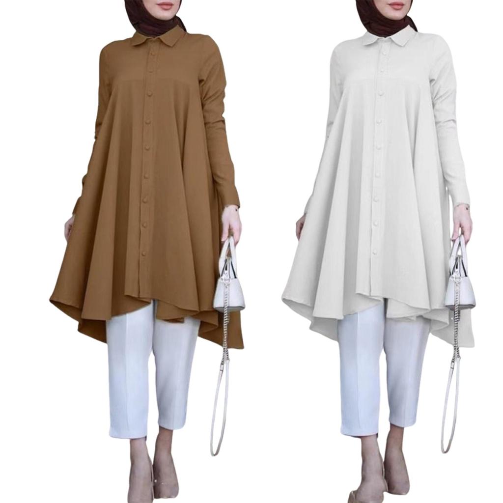 Muslim Women's Lapel Wrap Button Placket Swallowtail Curved Hem Multicolor Long Sleeve Women's Shirt Dresses