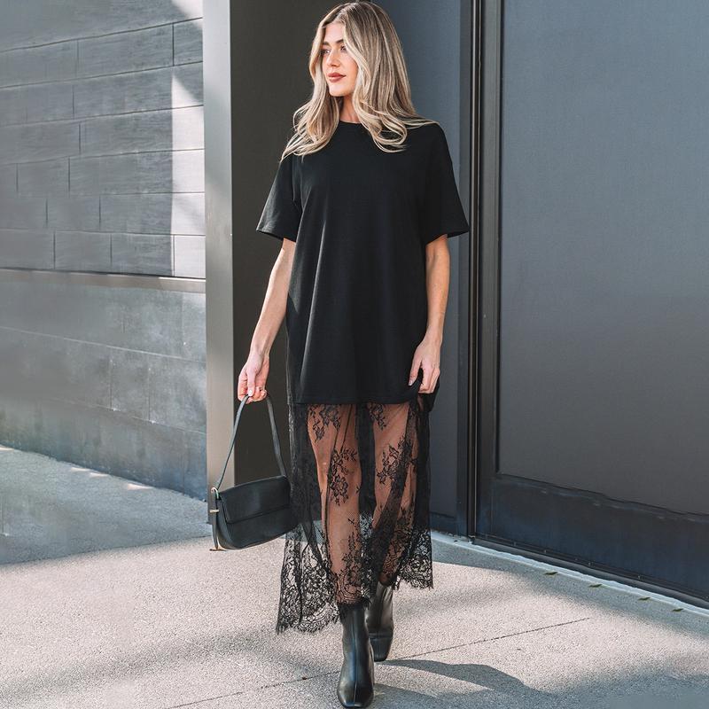 European and American Summer New Casual Solid Color Lace Splicing Dress Women's T-shirt Long Dress