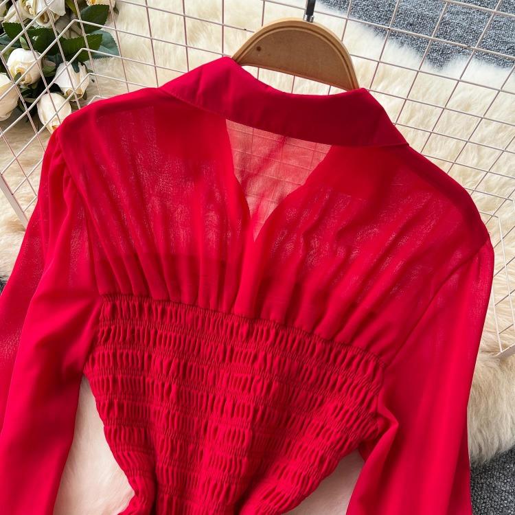 Women's Casual Dresses - Spring Autumn Women Vintage Draped Long Maxi Dress A Line Single Breasted Long Sleeve Turn Down Collar Red Green Purple