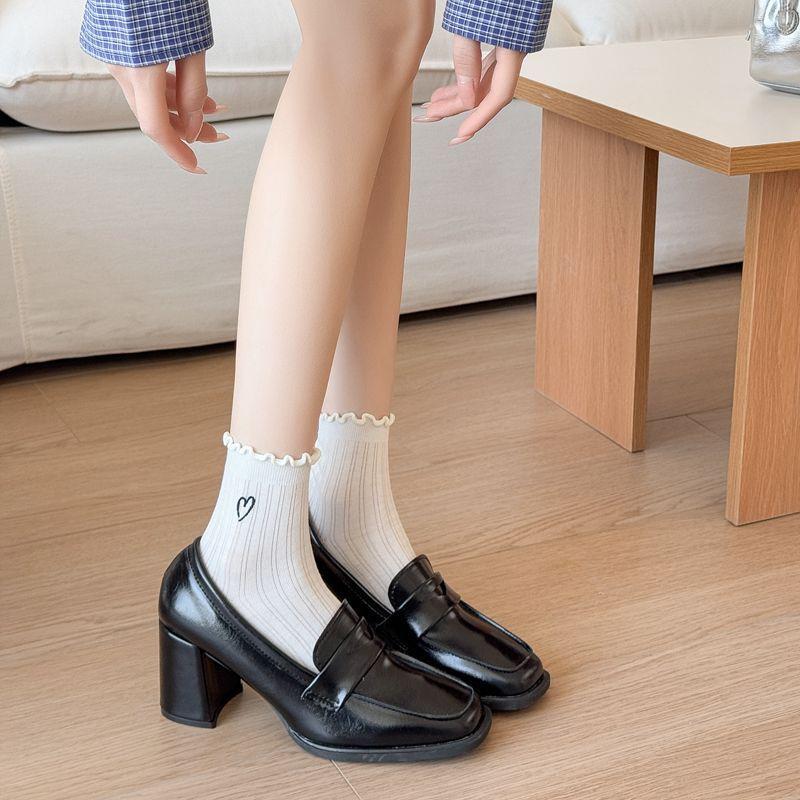 Fungus Edge Love Embroidery Solid Color Vertical Strip Short Socks For Women Versatile Preppy Style Women'S Socks