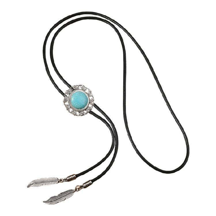 Men Women Western Cowboy Bolo Tie Vintage Turquoises Pendant Jewelry Leather Rope Necktie Tie Metal Feather Necklace
