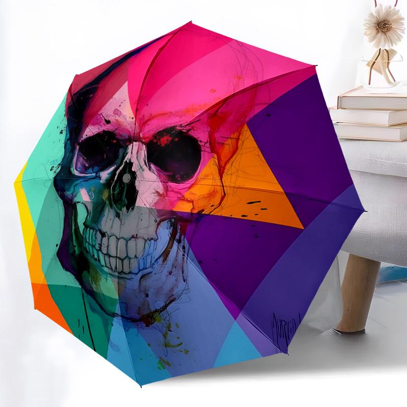 1pc Skull Spectrum Automatic Folding Umbrella, Sturdy And Durable Automatic Folding Umbrella with 8 Ribs, Convenient for Outdoor Use047