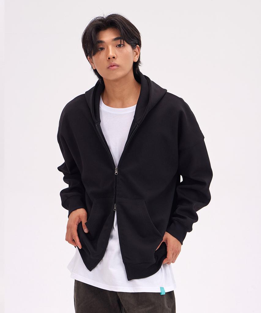 Astral Projection Oversized Wide Shoulder Zip-Up Hoodie_Black